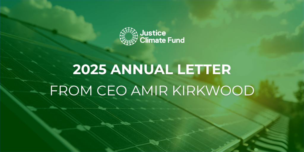Image of solar panels with sunrise in the background. Text reads, " 2025 Annual Letter From CEO Amir Kirkwood"