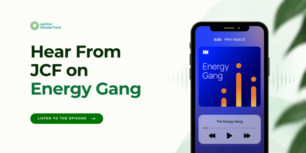 Podcast promo "Hear from JCF on Energy Gang: Listen to Episode" with a graphic of a phone showing the Energy Gang podcast playing.