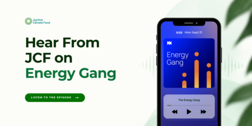 Podcast promo "Hear from JCF on Energy Gang: Listen to Episode" with a graphic of a phone showing the Energy Gang podcast playing.