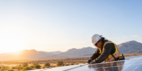 Man in a hardhat installs a solar panel on a roof in front of a mountain range with sun rising in the background.